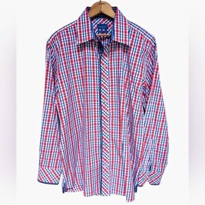 Haines & Bonner Of London Red Blue & White Plaid Cotton Shirt Men's Size LARGE